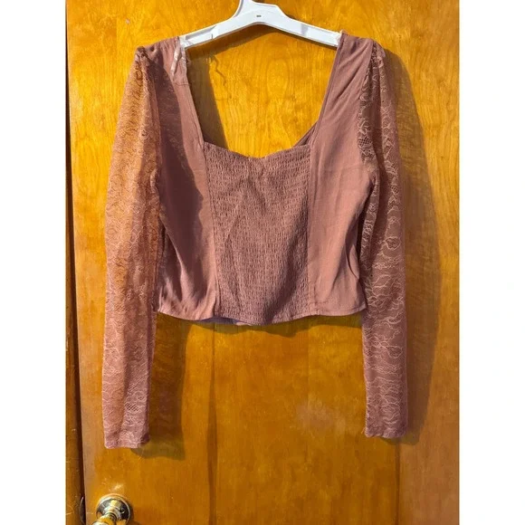 Wild Fable Womens Brown/Pink Long Sleeve Lace Top Square Neck Blouse - Picture 2 of 4